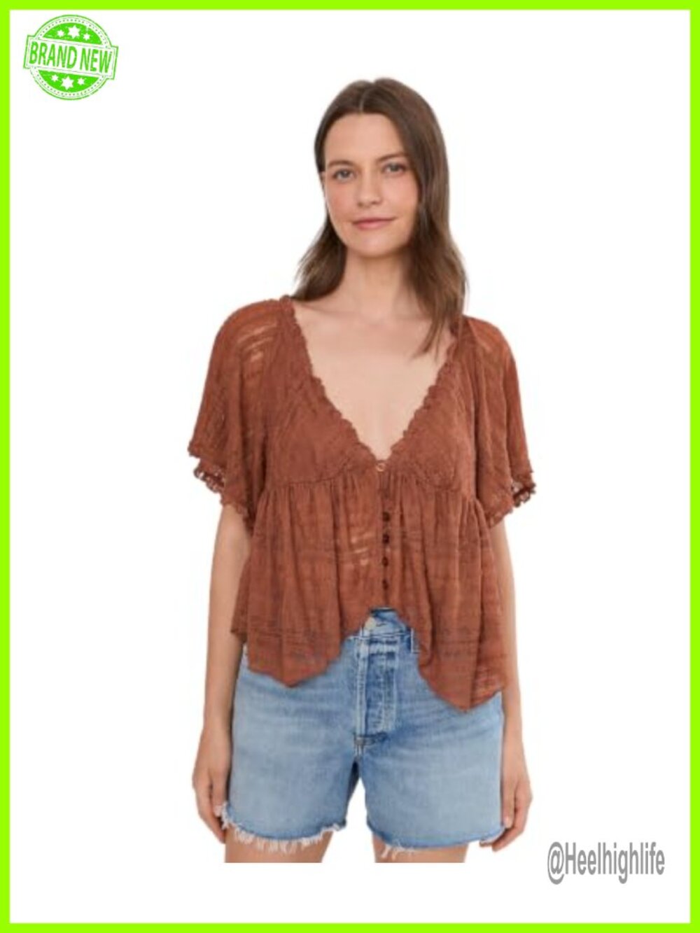 Free People In Your Dreams Lace Top Plunging V-Neck Flutter Sleeve Blouse